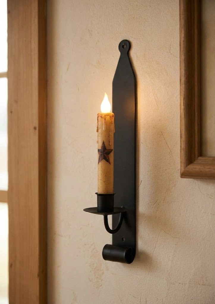 Hand-Forged Primitive Black Iron Wall Sconce Taper Candle Holder, 13.75"