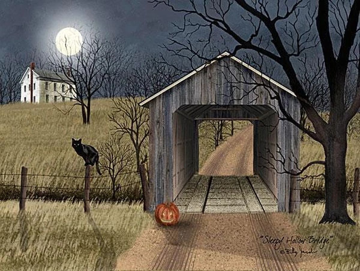 Sleepy Hollow Bridge by Billy Jacobs Framed Halloween Canvas Wall Art, 12" X 16"