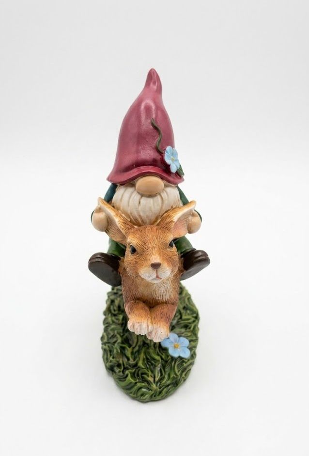 Gnome Riding Brown Bunny 6" Figurine with Floral Accent, Resin Statuette