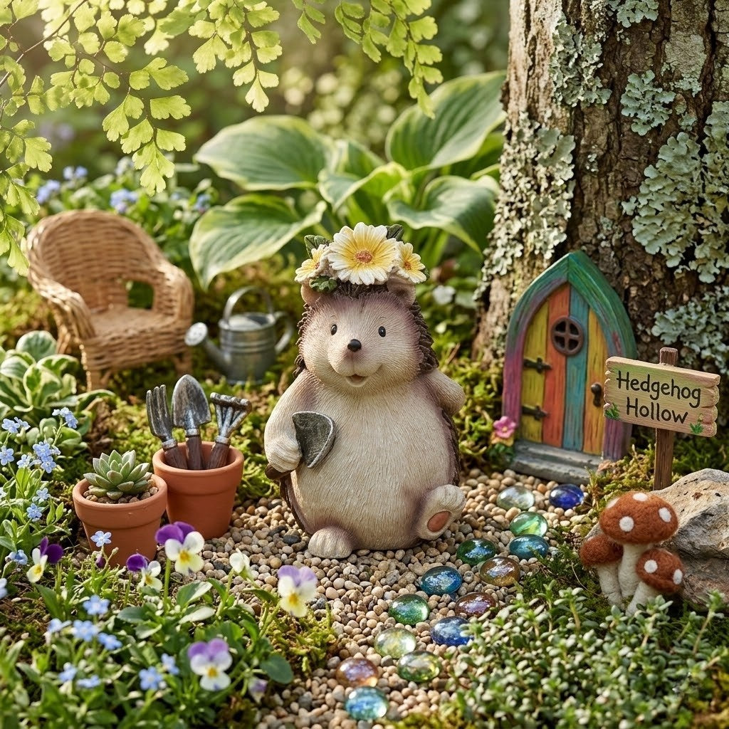 5" Miniature Hedgehog Garden Animal Figurine with Flower Crown and Trowel