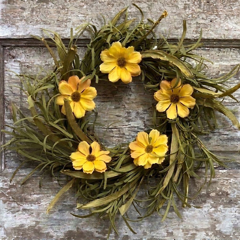 Rustic 4" Fall Floral Candle Ring - Yellow Daisy & Greenery Mini Wreath
