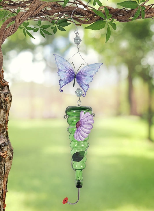 Enchanted Gardens Butterfly and Floral Green Glass Hummingbird Feeder, 28"