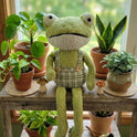 Large Plush Whimsical Frog with Plaid Overalls Weighted 23.5" Shelf Sitter