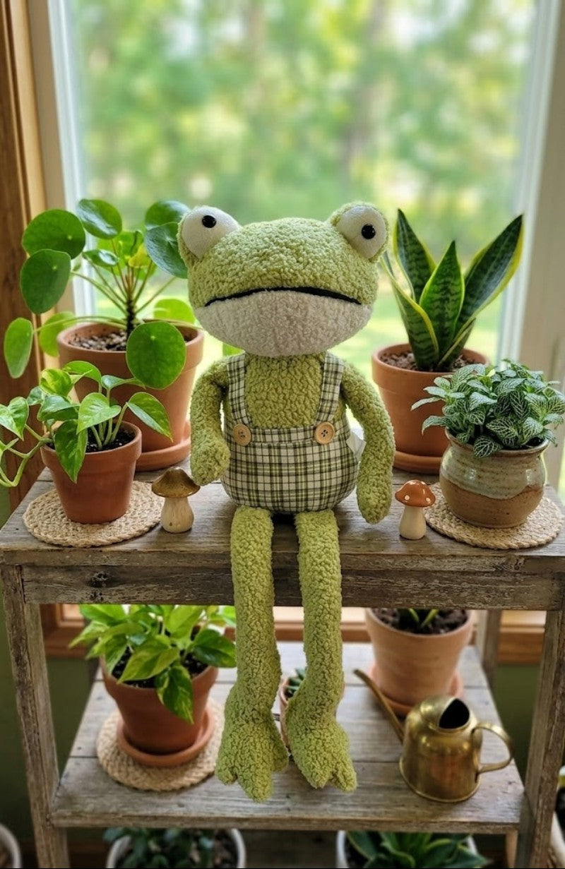 Large Plush Whimsical Frog with Plaid Overalls Weighted 23.5" Shelf Sitter