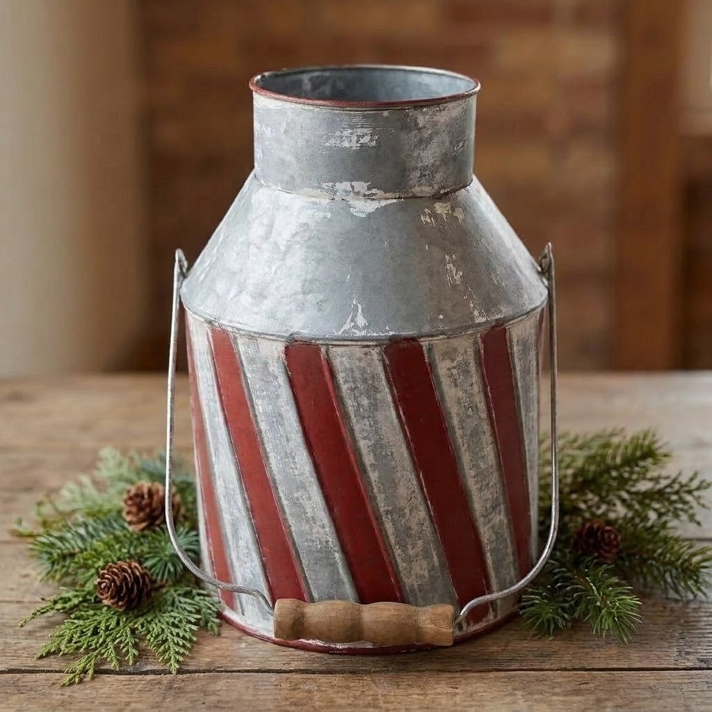 Rustic Galvanized Metal Candy Cane Milk Can 9.5" Vintage Christmas Holiday