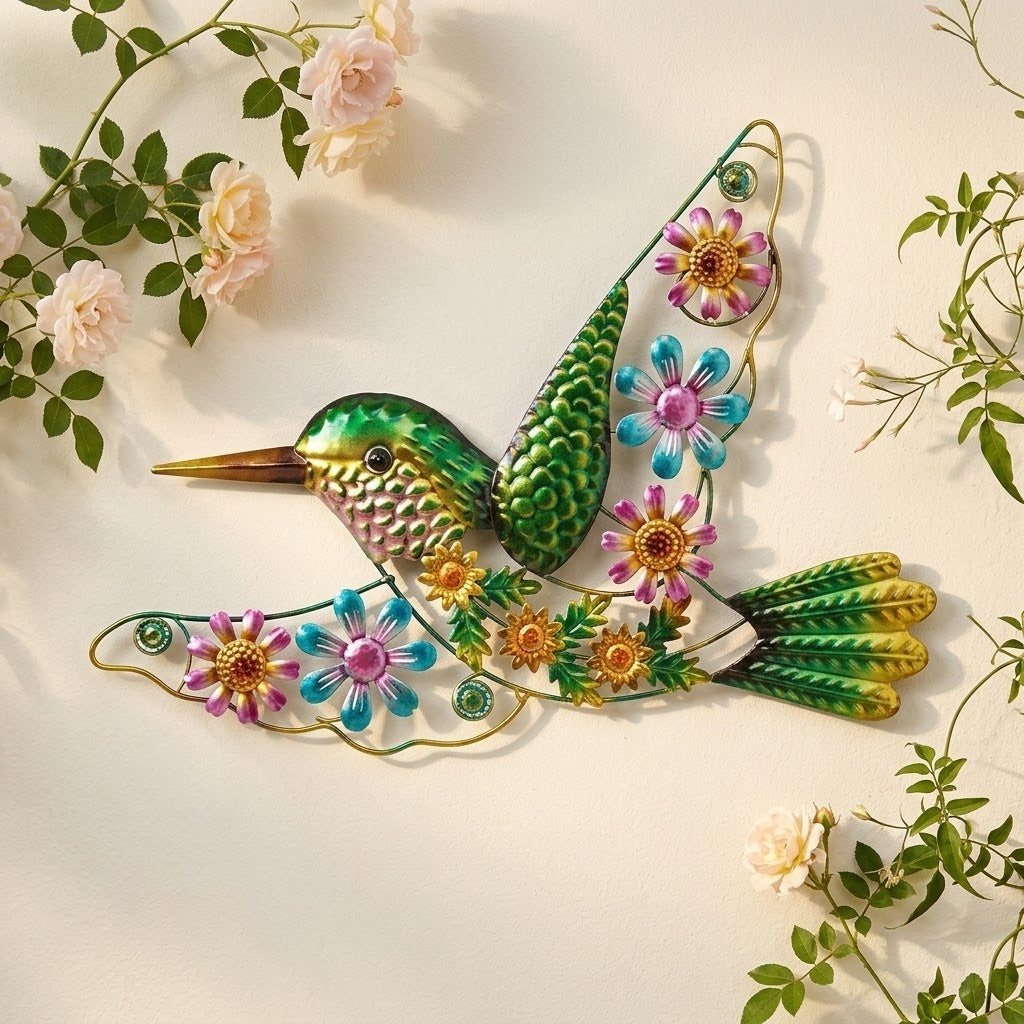 19" Colorful Metal and Acrylic Floral Hummingbird Indoor/Outdoor Wall Art