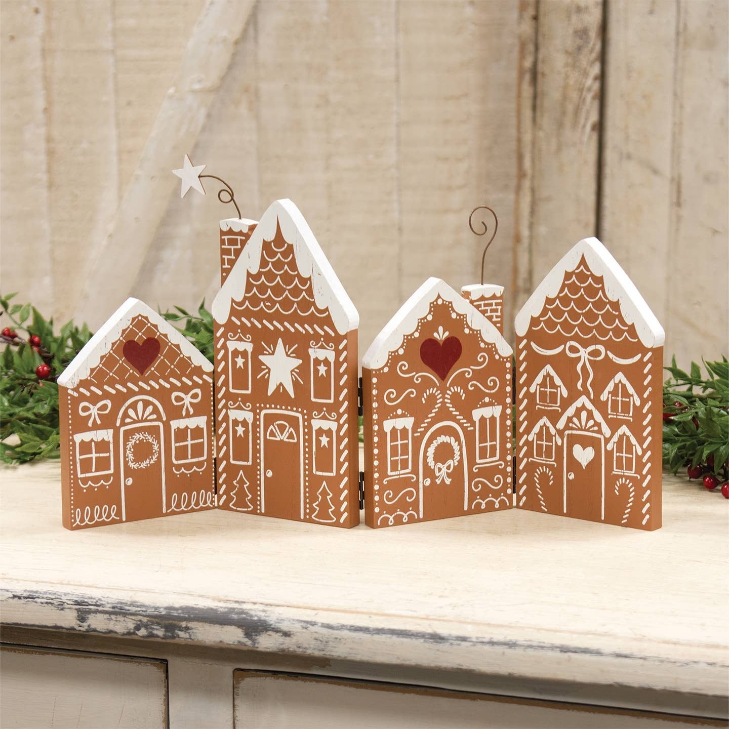 Holiday Wooden Gingerbread Village Set, Hinged Houses & 2 Gingerbread Figurines