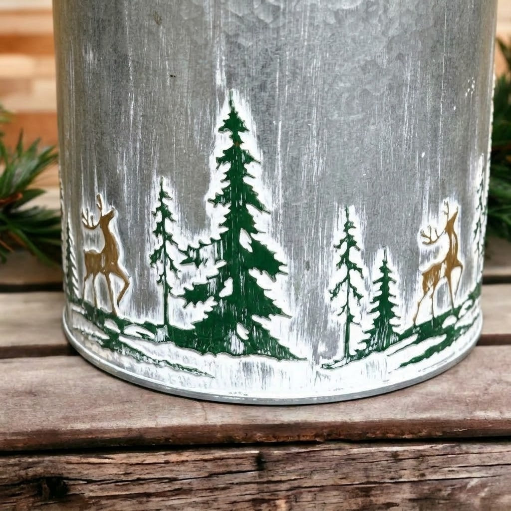 Rustic Galvanized Milk Can with Embossed Golden Deer & Forest Winter Decor 10.5"