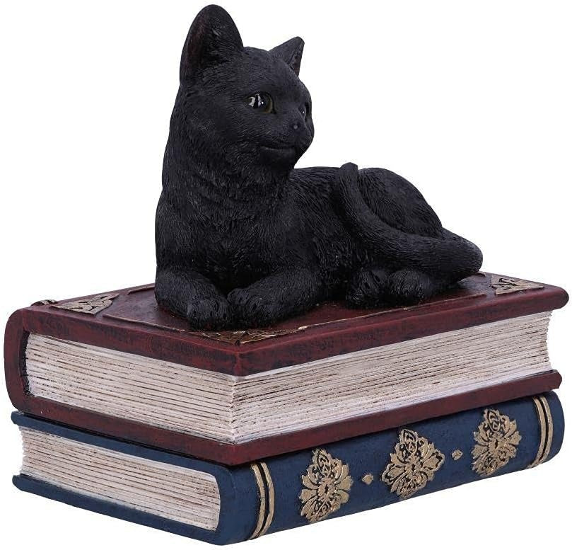Black Cat Miniature Statuette Perched on a Faux-Antique Book Keepsake Box
