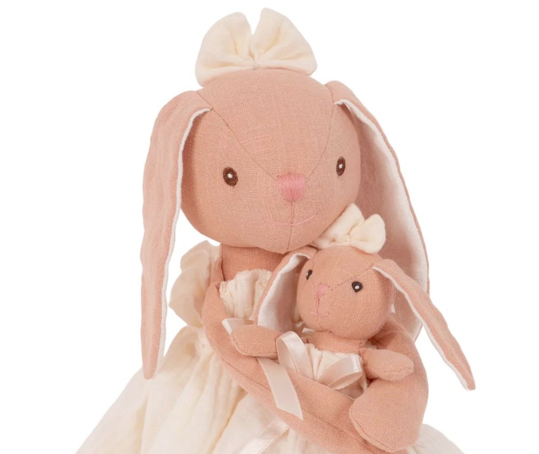 Levlovs Mom and Baby Plush Bunny Rabbit Dolls in Antique White Dresses