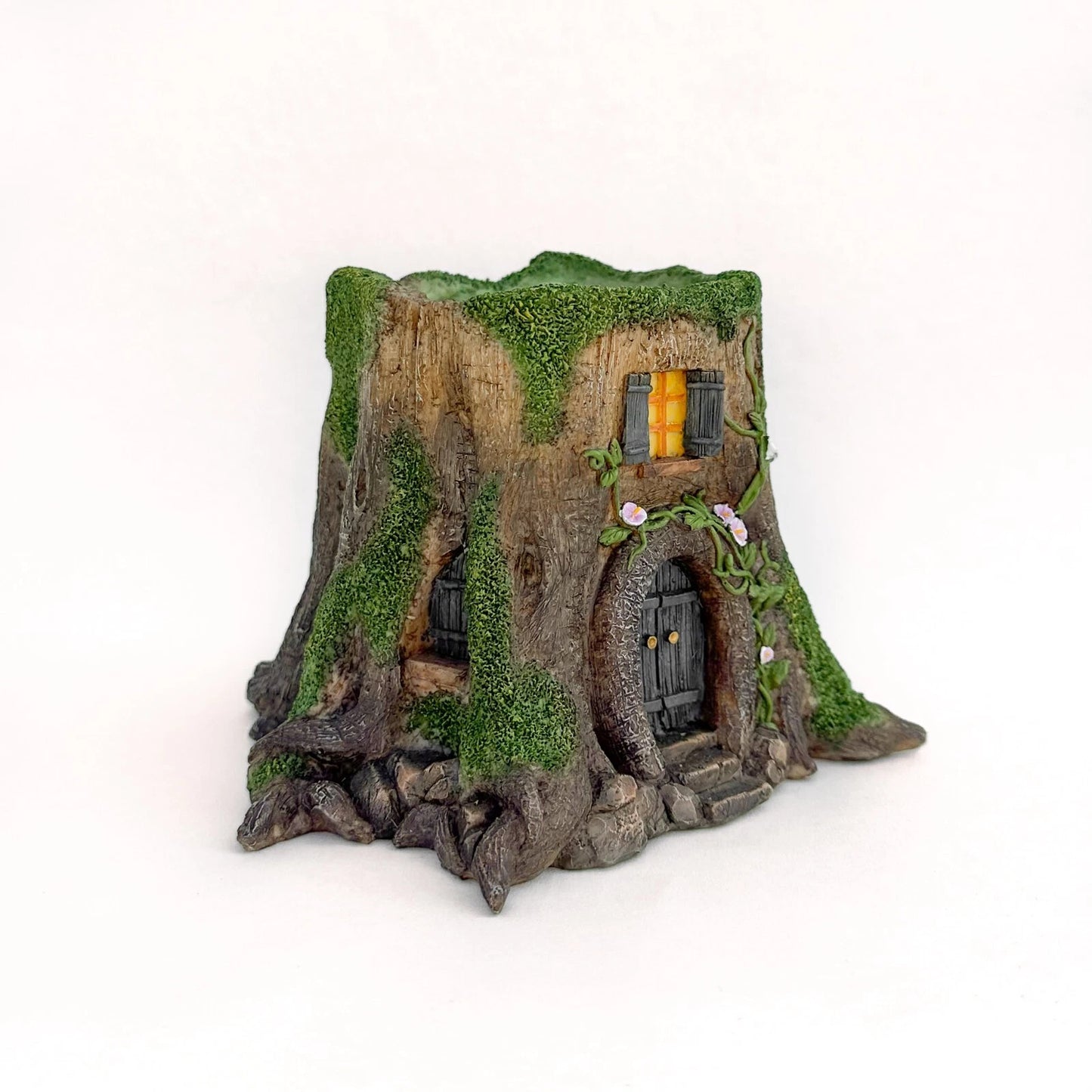 Rustic Tree Stump House Miniature Planter, Fairy Garden, Log Cabin Flower Pot