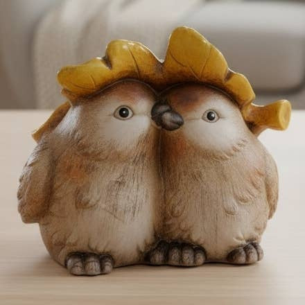 Autumn Lovebirds Ceramic Figurine – 6" Earthenware Songbirds Under an Oak Leaf