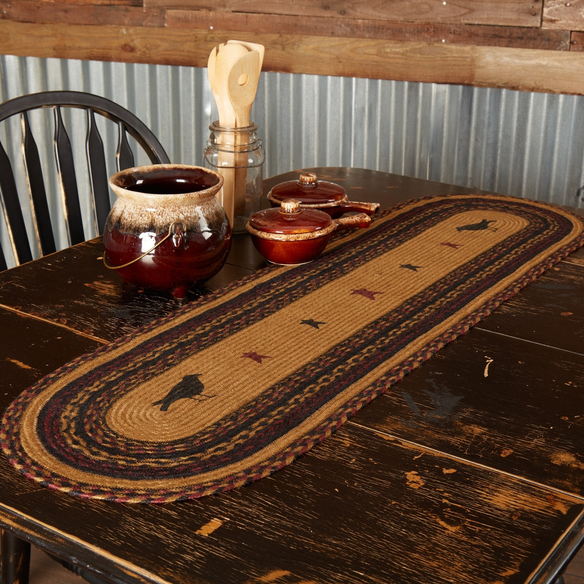 Braided Jute Oval Table Runner 13" x 48" Primitive Crow Star Colonial Folk Art