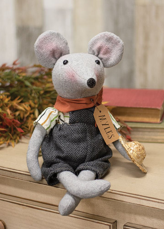 Myles Mouse with Straw Hat Plush Weighted Country Primitive Doll