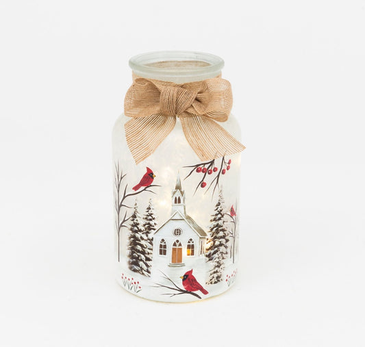 Lighted Frosted Glass Winter Luminary Jar , Church and Cardinals Holiday Decor