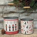 Vintage Style Primitive Christmas Nutcracker Holiday Metal Pails Tins, Set of 2