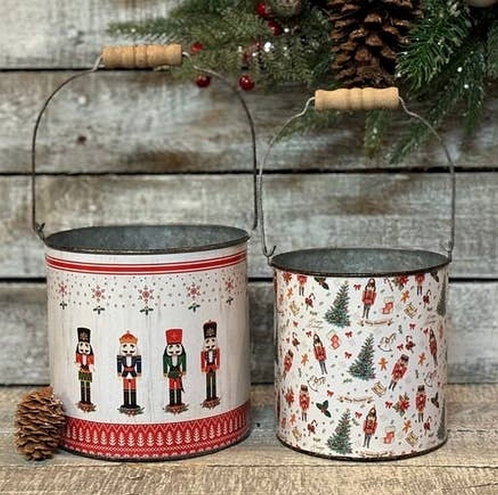 Vintage Style Primitive Christmas Nutcracker Holiday Metal Pails Tins, Set of 2