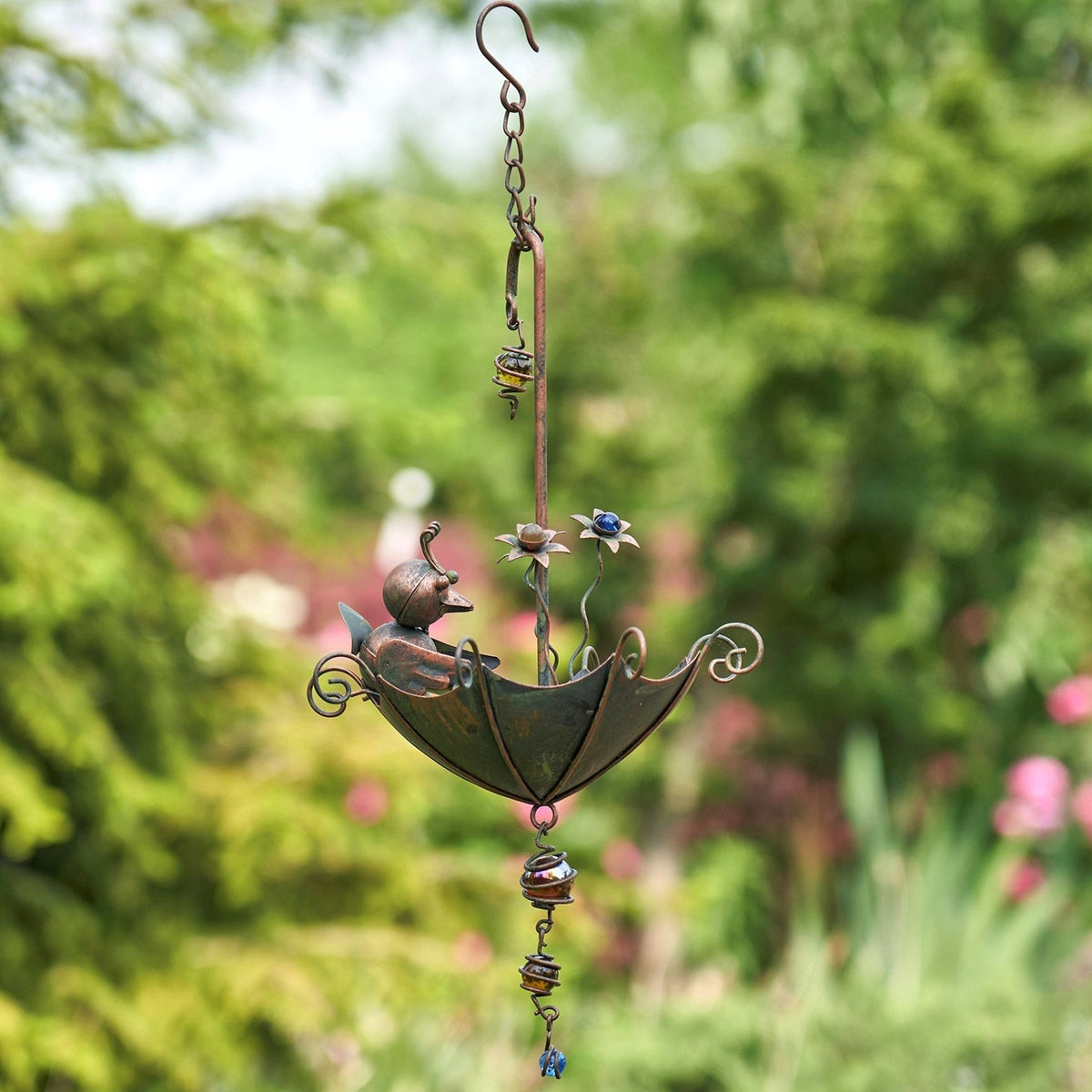 Hanging Animal Bird Feeder & Garden Mobile, Copper Bronze Rustic Metal Yard Art