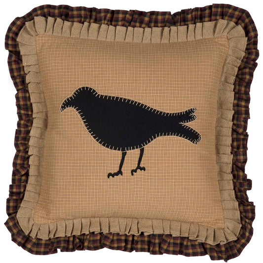 Primitive Black Crow Throw Pillow with Burlap & Tartan Ruffle Trim 18" x 18" – detail view