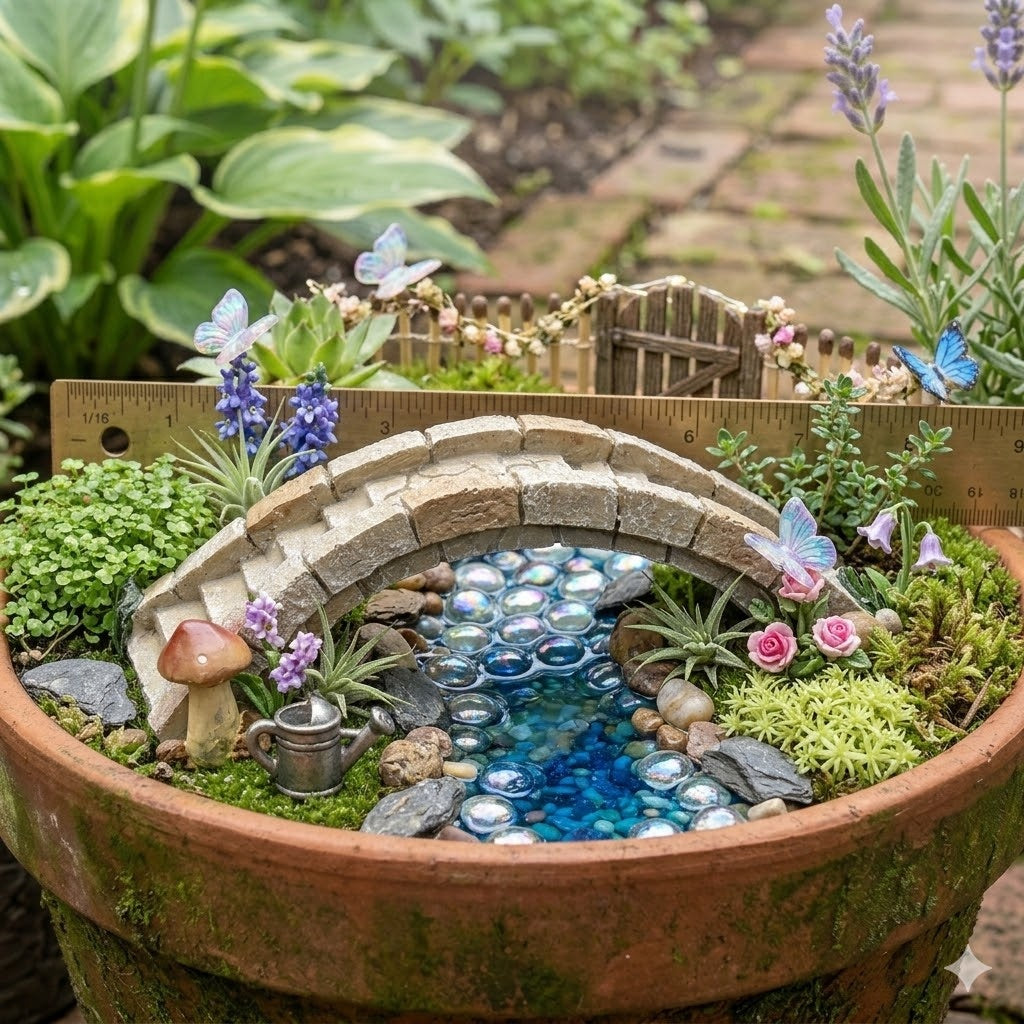 Fairy Garden Stone Arch Resin Bridge with Steps and Mushroom Detail, 7 1/2"
