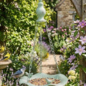Cottage Garden Hanging Bird Bath Feeder Metal Leaf & Songbird Verdigris Finish