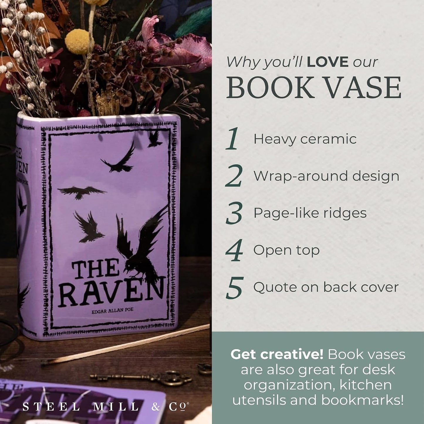 Edgar Allan Poe The Raven Decorative Purple Ceramic Book Themed Flower Vase