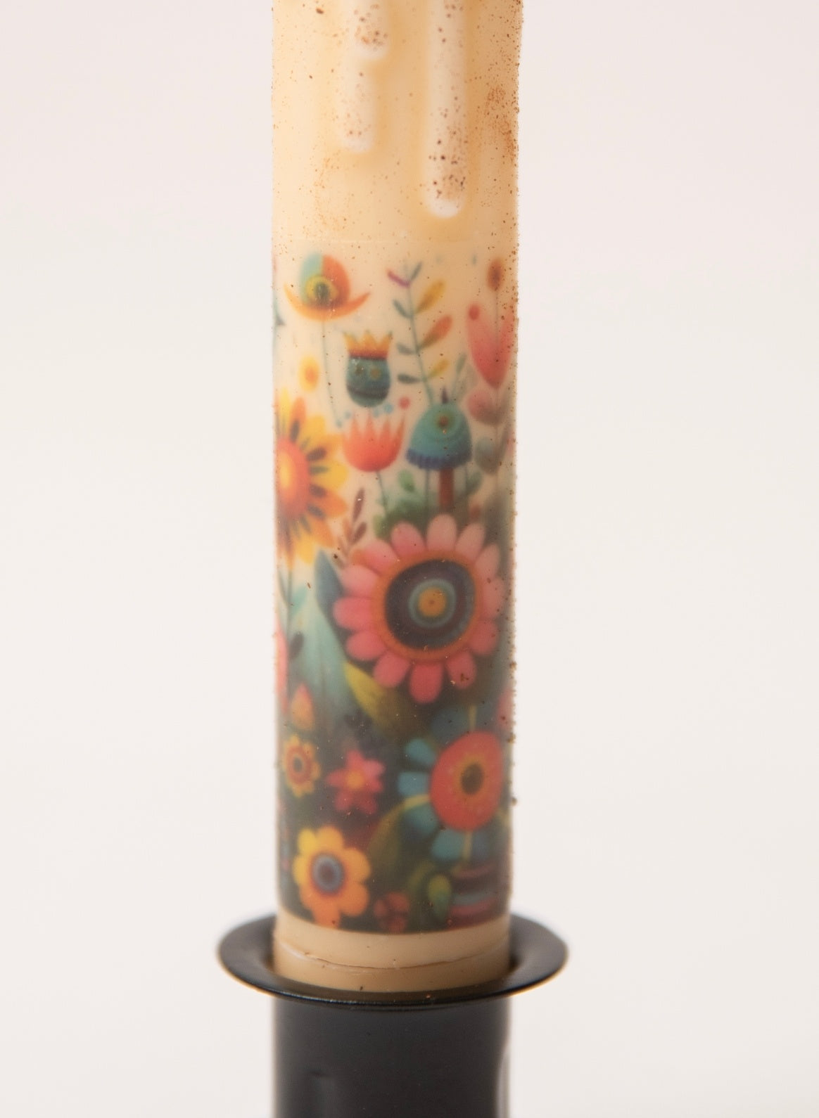 Primitive Folk Art Birds & Flowers 7" Timer Taper Candle and Black Metal Holder