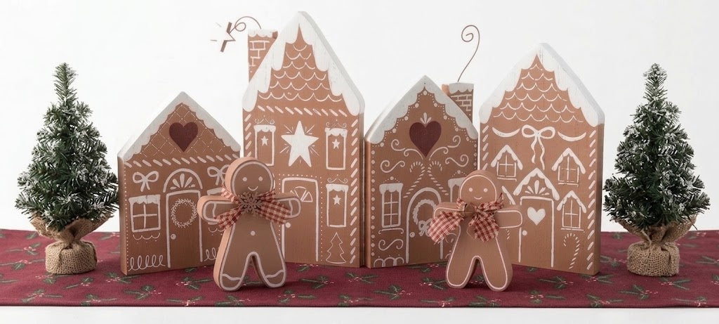 Holiday Wooden Gingerbread Village Set, Hinged Houses & 2 Gingerbread Figurines