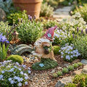 Gnome Riding Brown Bunny 6" Figurine with Floral Accent, Resin Statuette