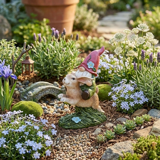Gnome Riding Brown Bunny 6" Figurine with Floral Accent, Resin Statuette