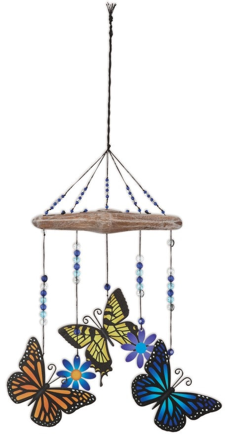Painted Metal Butterfly Trio and Flowers Small 10" Windchime