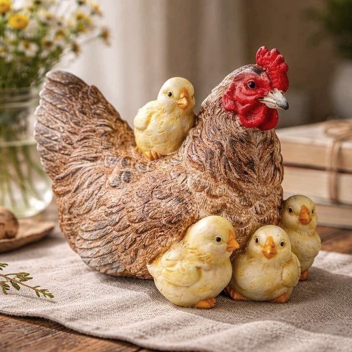 Charming Chicken Mother Hen and Baby Chicks Small Resin Figurine