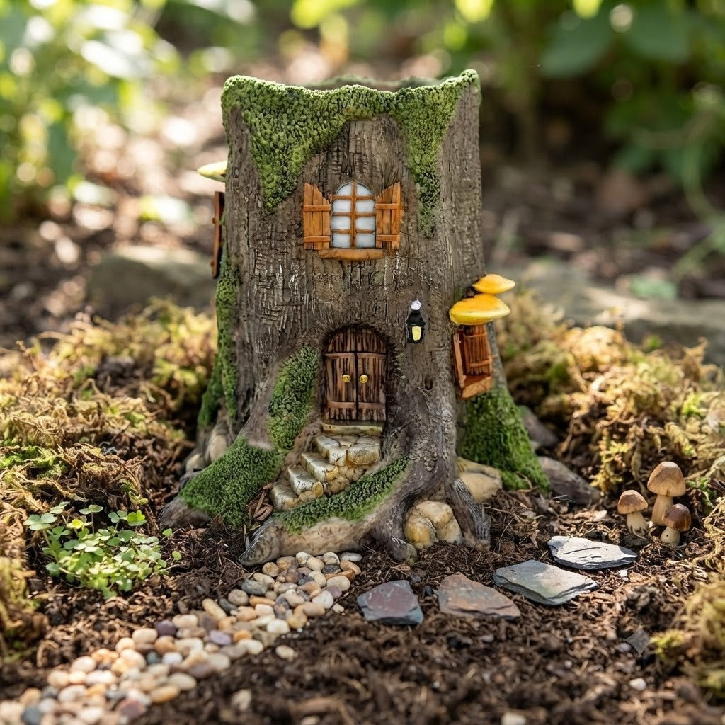 Miniature Rustic Resin Tree Stump Fairy Garden House Planter, Mini Flower Pot