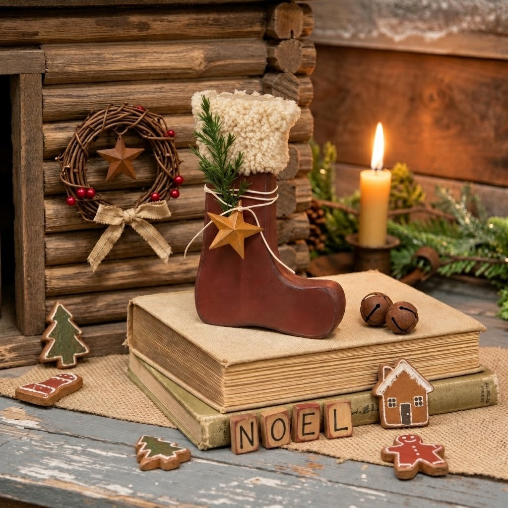 Primitive Wood Stocking Sitter W/Pine & Rusty Star6" Mini Christmas Decor