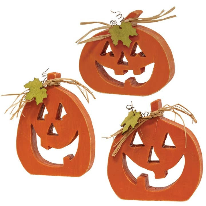 Halloween Set of Three Small Cutout Orange Jack O Lantern Chunky Shelf Sitters