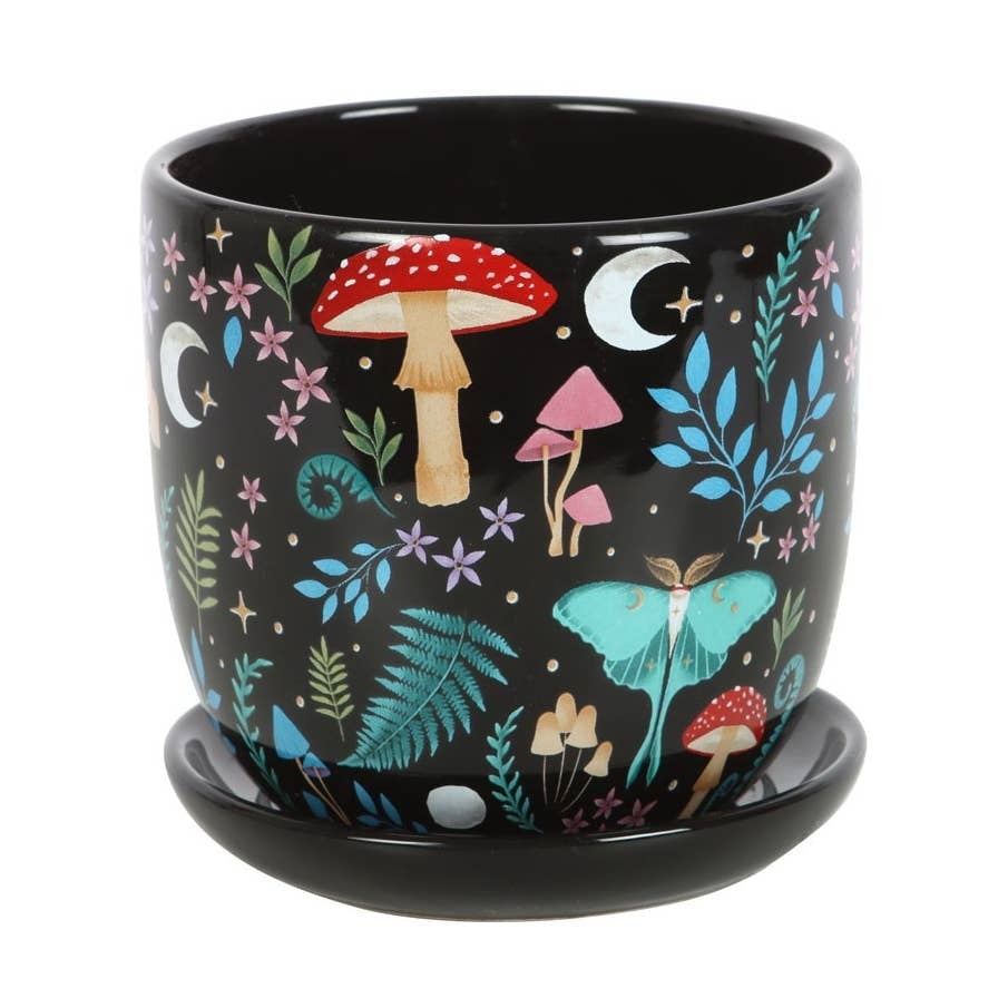 Enchanted Dark Forest 4" Ceramic Planter, Luna Moth & Mushroom Pot with Saucer
