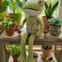 Large Plush Whimsical Frog with Plaid Overalls Weighted 23.5" Shelf Sitter
