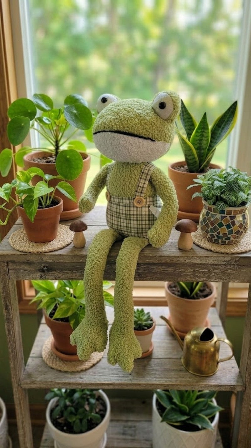 Large Plush Whimsical Frog with Plaid Overalls Weighted 23.5" Shelf Sitter