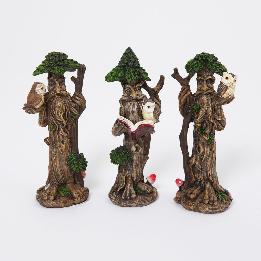 Fairy Garden 4" Tree Wood Spirits, Tree Ents with Owls, Set of 3 Resin Figures