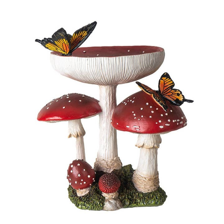 Whimsical 9" Red Toadstool Mushroom Garden Figurine with Monarch Butterflies