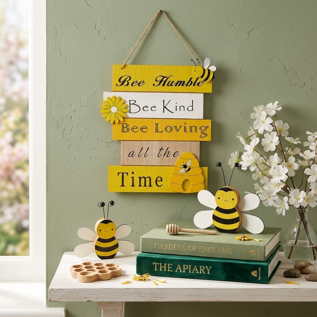 BumbleBee Wooden Wall Sign & Bee Shelf Sitters Set, Garden Tabletop & Wall Decor