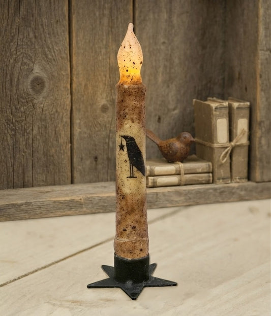 Primitive Burnt Ivory Crow Timer Taper Candle & Black Star Holder Set