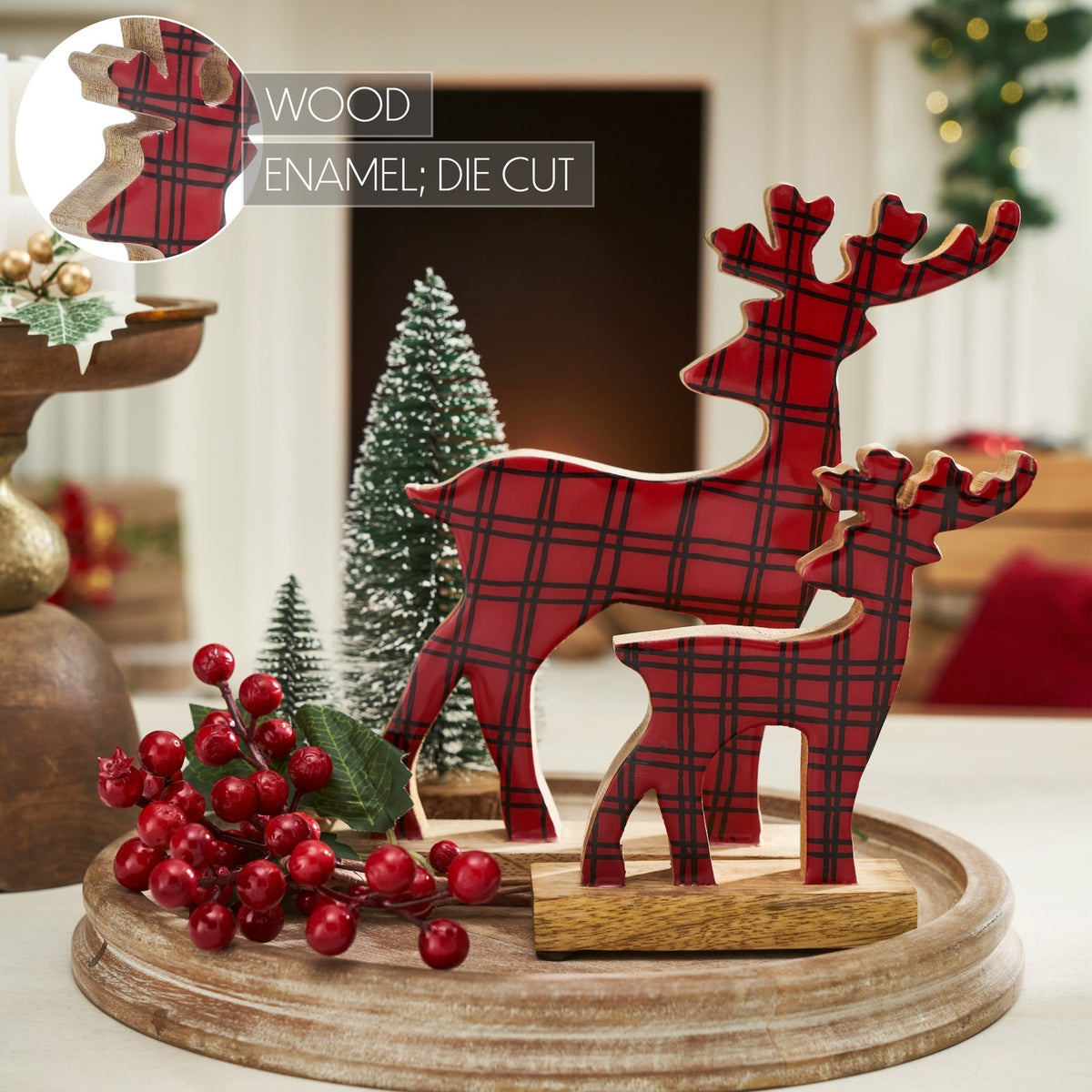 Rustic Christmas Deer Figurines Set, Mango Wood Holiday Tabletop, Mantel Decor