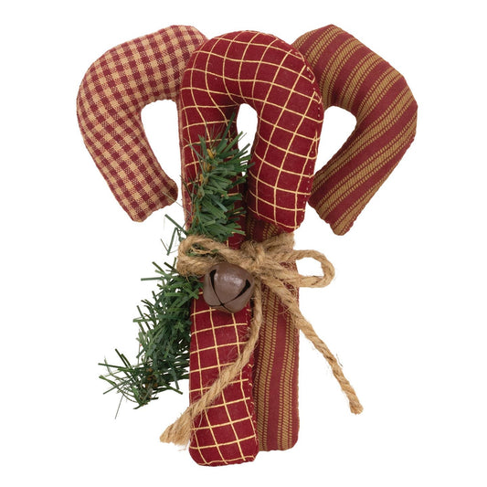 6" Primitive Fabric Candy Canes, Set of 3 - Rustic Christmas Bowl Fillers – detail view