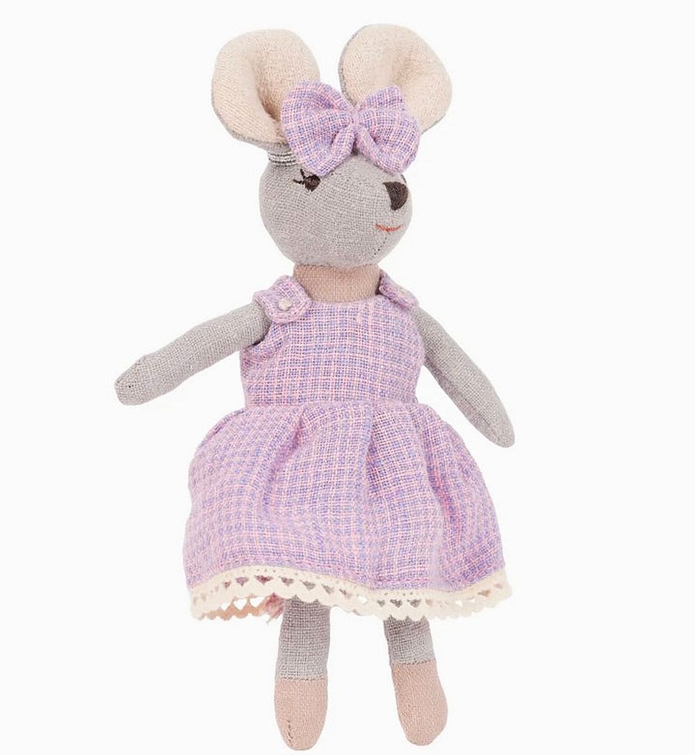 Levlovs Violet Mouse in Linen Purple Check Dress with Keepsake Box and Bedding