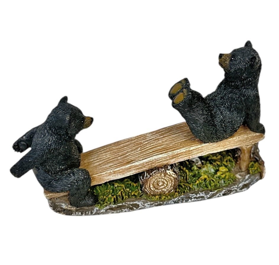 Twin Black Bear Cubs Playing on a Log Seesaw Figurine, Rustic Forest Cabin Decor