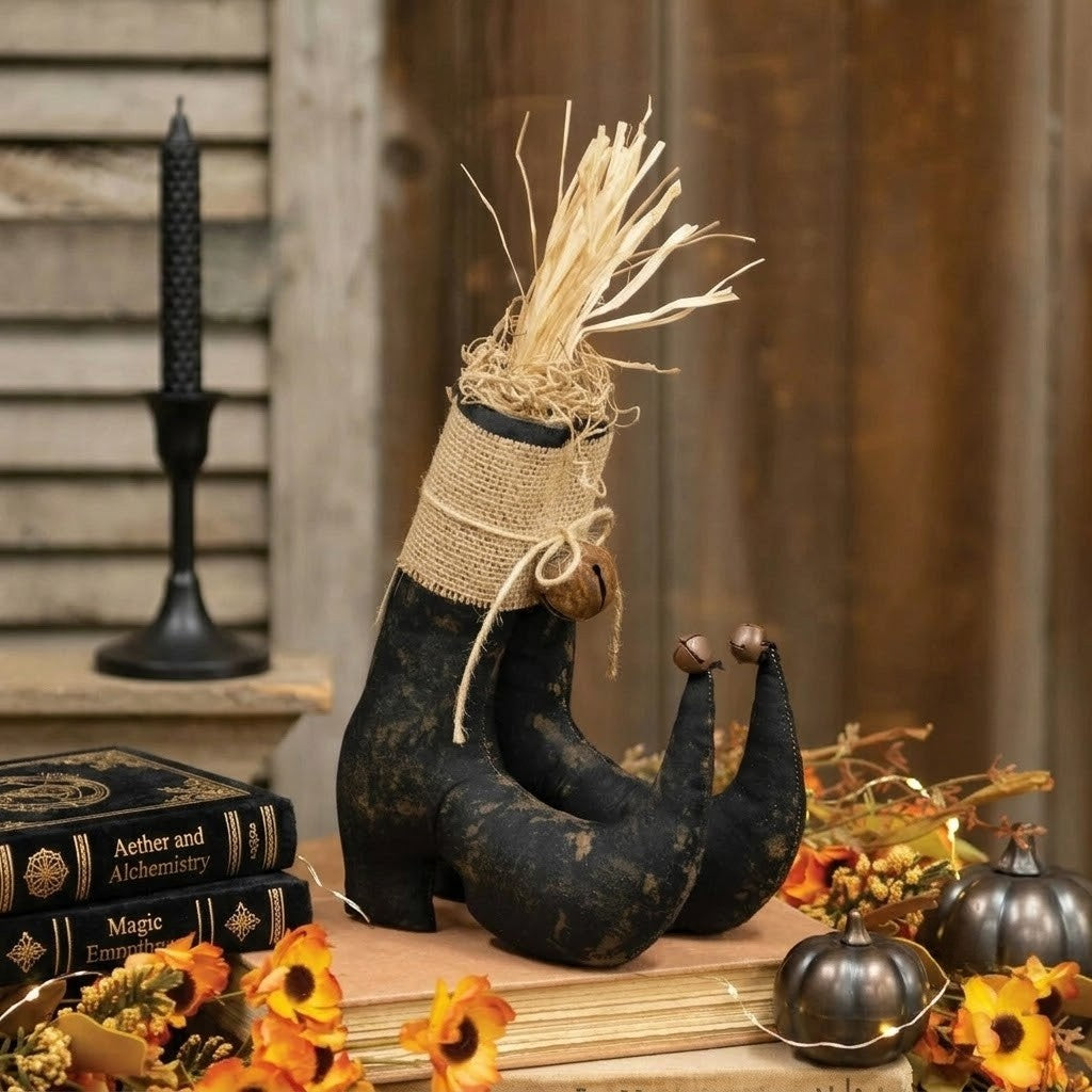 Primitive Fabric Witch Boots with Straw & Rusty Bells, Halloween Tabletop Decor