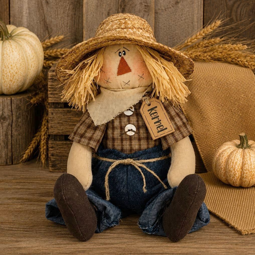 Kernel The Scarecrow Primitive Fall Shelf Sitter with Straw Hat, Autumn Decor
