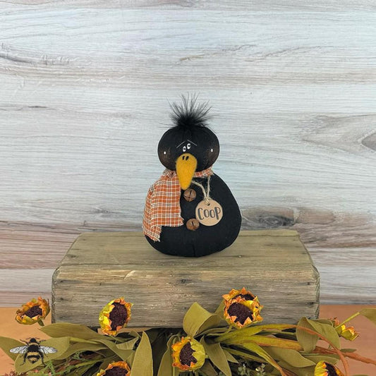 Coop the Baby Crow, Primitive Rustic Fabric Sitter with Bell Buttons & Scar