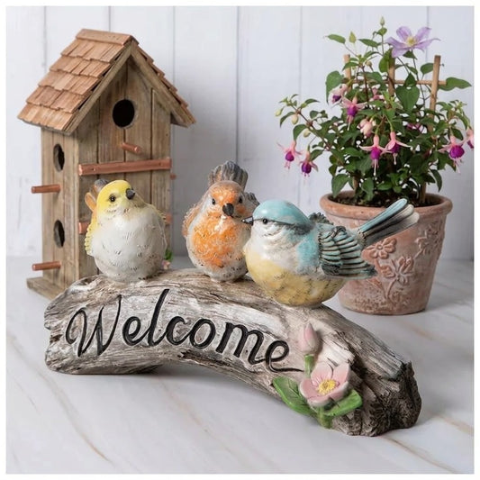 Realistic, Colorful Bird Trio on Welcome Resin Faux Wood Log Garden Decor